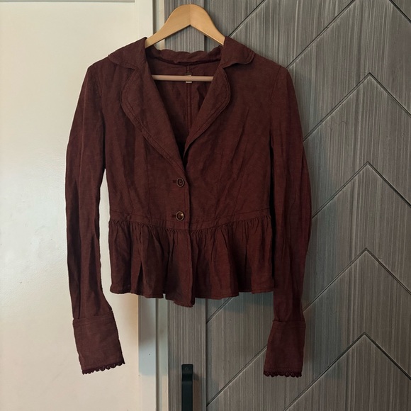 Free People Linen Blend Mauve Ruffle Jacket Boho Peplum Vintage Size Small - Picture 4 of 15